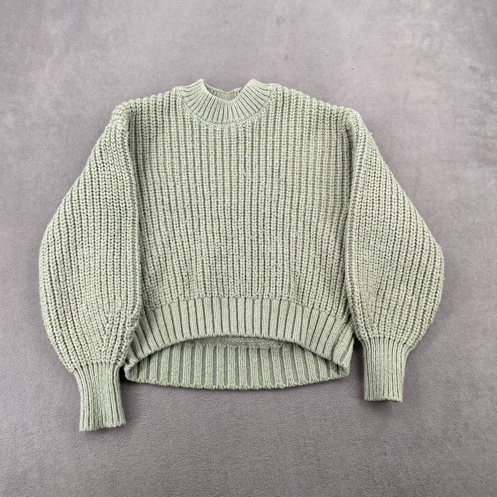 HM Sage Green Chunky Ribbed Knit Mock Neck Balloon Sleeve Sweater XS